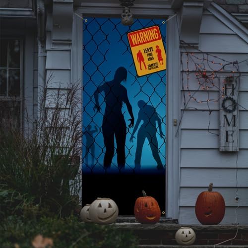 Halloween Door Backdrop Banner Warning Zombies Leave This Area Creepy Devil Go Crazy Terror Theme Scary Halloween Party Decoration Supplies for Women Men 80x35 Inch