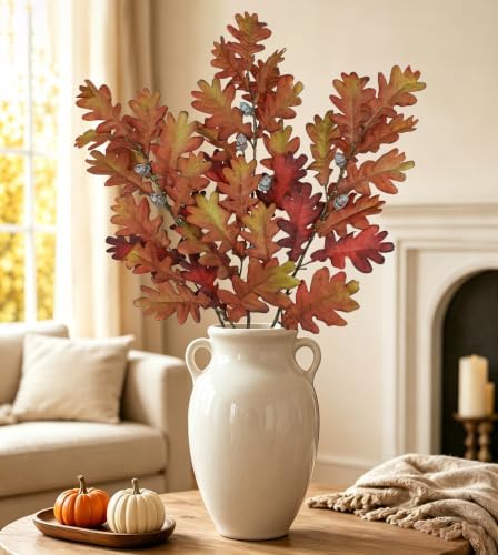 35" Long Faux Oak Leaf Stems with Acorns, 3Pcs Fall Stems for Vase Brown