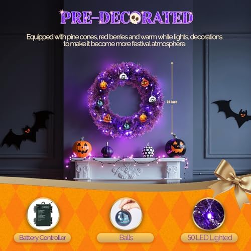 VINGLI 24" Purple Christmas Wreath with Battery LED Lights, Colorful Decor