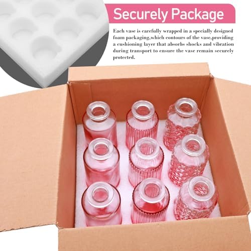 Pink Glass Bud Vase Set in Bulk, 9pcs Mini Vintage Flower Vases
