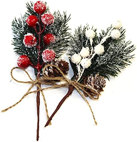 Artificial Red Berry Branches 20 Pack 6 Inch Christmas Picks Spray Artificial Pine Cones Holly Stem Craft, Winter Holiday Floral Picks for Crafts Xmas Tree Ornaments (Red+White)