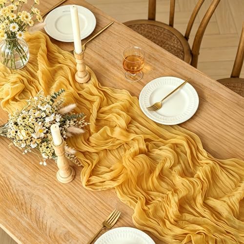 Yellow Cheesecloth Table Runner, 10FT Rustic Gold Boho Gauze Table Runner for Wedding Bridal Shower Baby Shower Birthday Tea Party Decorations