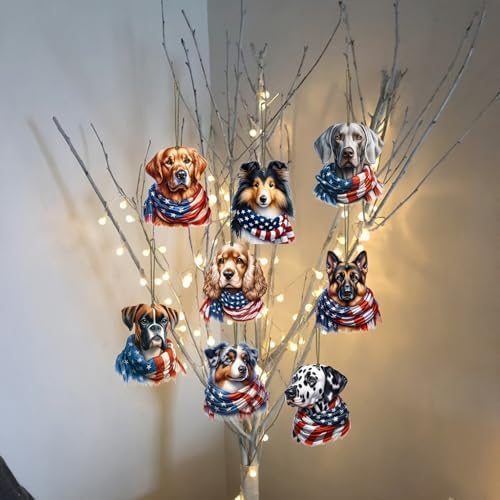 12 Pcs 4th of July Hanging Ornament for Tree 250th Anniversary Decor 2D Wooden Independence Day Cute Dog Designs Patriotic Animal Hanging Ornaments for Party Home Office Decoration