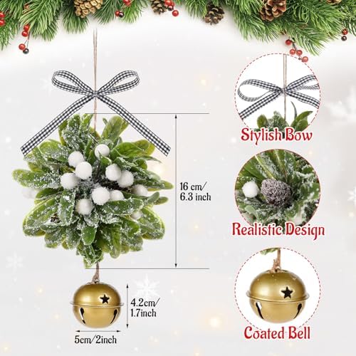Forwe Mistletoe Christmas Decor Artificial Mistletoe Kissing Ball Ornament with Bell Bow Berries Hanging Christmas Decorations for Doorway Arch Light Fixture Xmas Tree (White)