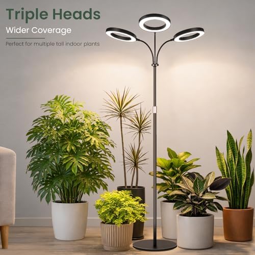 LBW 3-Head Grow Light with Stand for Indoor Plants, Full Spectrum Grow Light for Tall Large Plants, Adjustable Height up to 68", Auto Cycle Timer 6/8/12/16H, 5-Level Dimming, 3 Lighting Modes, Black