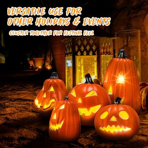 Tujoe 6 Pcs Halloween Pumpkin Lantern Set Light up LED,Orange