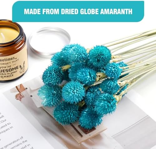 MIHUAGE Dried Flower Tiffany Blue Globe Amaranth with Wheat Straw Natural - 40PCS Bouquet for Vase Home Decor Party DIY Arrangement