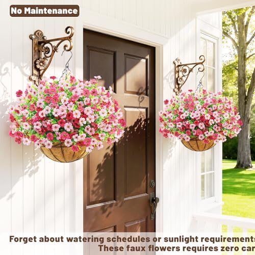 2 Set Artfiticial Hanging Flowers with Basket & Foam Outdoor,Pink Rose Red