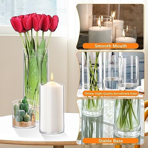 64 Pack Thick Glass Cylinder Vases 4,6,9,12 Inch Tall Clear Flower Vase Hurricane Floating Candle Holder for Table Centerpiece Wedding Home Decor