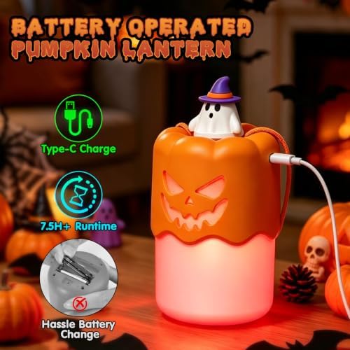 Rechargeable Halloween Pumpkin Lantern Lights LED JackoLantern with Lanyard