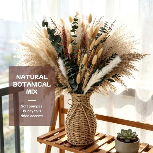 Bpole 92 Pcs Dried Pampas Grass, 13-15 inch Natural Pompas Boho Decor