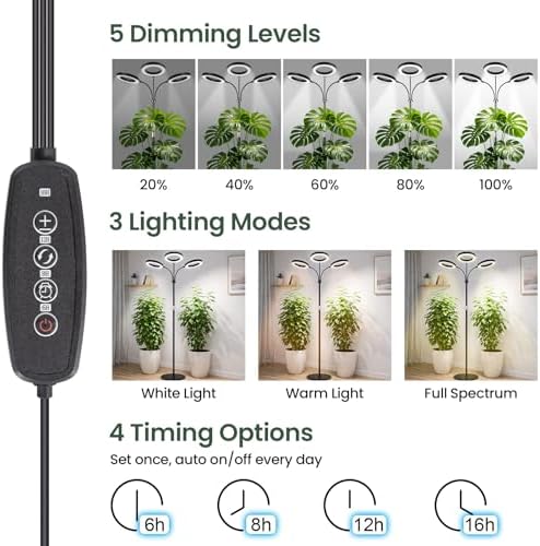 LBW 3-Head Grow Light with Stand for Indoor Plants, Full Spectrum Grow Light for Tall Large Plants, Adjustable Height up to 68", Auto Cycle Timer 6/8/12/16H, 5-Level Dimming, 3 Lighting Modes, Black