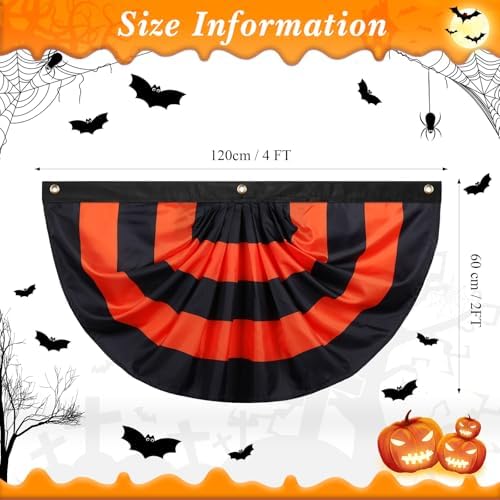 Newwiee 4 Pcs 4 x 2 ft Halloween Flag Bunting Half Fan Hanging Pleated Flag Banner with 3 Grommets for Halloween Indoor Outdoor House Holiday Yard Decorations Party Props, Black Orange