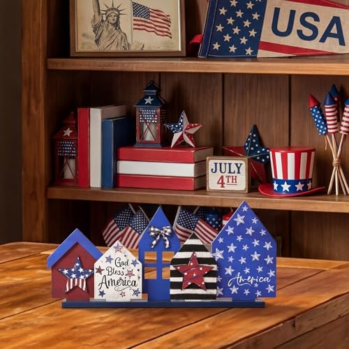Smile Patriotic Wooden House Tiered Tray Decor Set, 5-Piece "God Bless America" Themed Standing Signs for 4th of July & Memorial Day