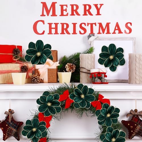 Sggvecsy 10Pcs Christmas Glitter Flowers Velvet Magnolia Flower Christmas Tree Ornaments Artificial Poinsettia Floral Picks for Xmas Wedding DIY Crafts Wreath Party Floral Decorations(Green)