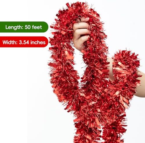 50FT Christmas Tinsel Garland, Red Metallic Twist Foil Tinsel Garland Xmas Hanging Decoration for Christmas Tree Wedding Birthday Home Party Decoration