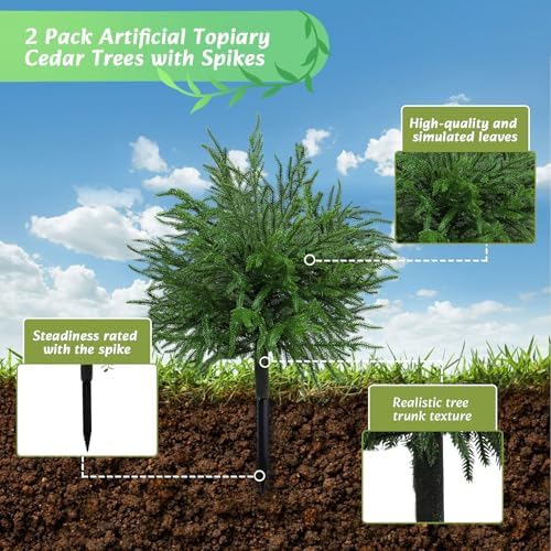 Bdor 24" Artificial Norfolk Pine Topiary Bush with Ground Spike, 2 Pack