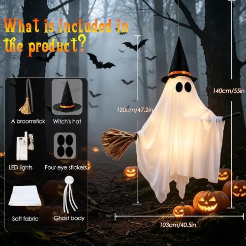 Witch Ghost with Broom Halloween Decorations Hanging LED Lights