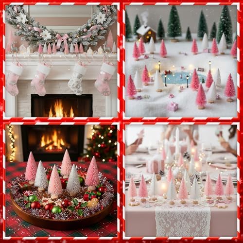 Sumind 72 Pcs Mini Christmas Trees Bottle Brush Sisal,Pink, White