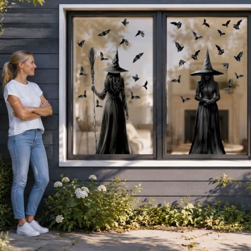 Halloween Window Clings, 3 Large Reusable Scary Witch Silhouette Window Clings & Bat Decals, Witches Silhouette Static Clings for Glass, Indoor Halloween Decorations for Home, School & Office