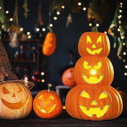 3 Tier 14" Halloween Stacked Pumpkin Decor, Jack O Lantern with LED Lights