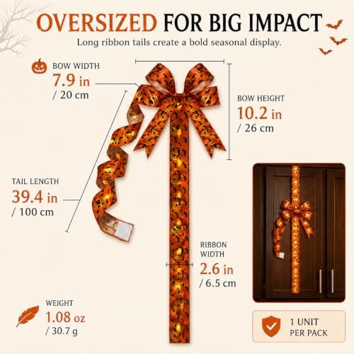 Halloween Cabinet Bow Decor, Light-Up Pumpkin Ribbon Wreath Sash (8 PCS A)