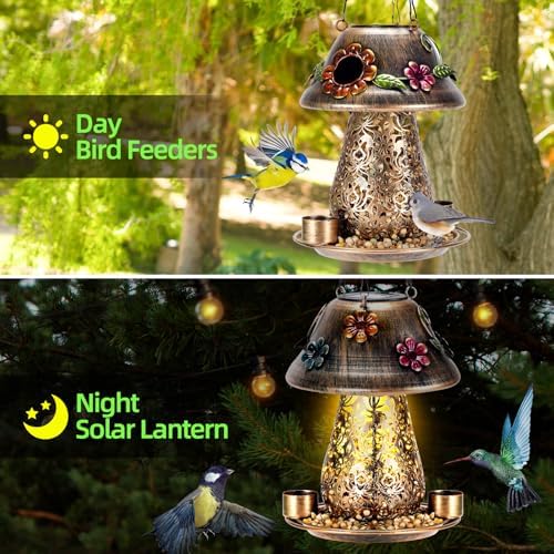 Mushroom Solar Bird Feeders for Outdoors Hanging Metal Wild Bird Feeder with S Hook for Garden Decoration Brown