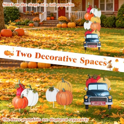 Fall Outdoor Garden Stake Decor, 36.6" Stacked Pumpkin Truck Yard Sign