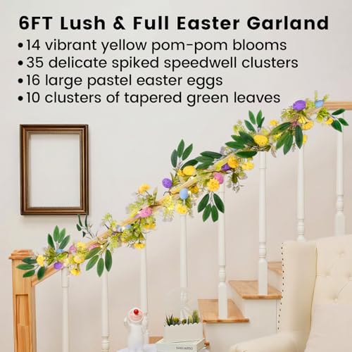 Easter Garland with Lights 6FT - Lighted Spring Flower & Egg Vine Decor - 20 LED Battery Operated with Auto Timer & 8 Modes - Mantel Fireplace Door Easter Decor