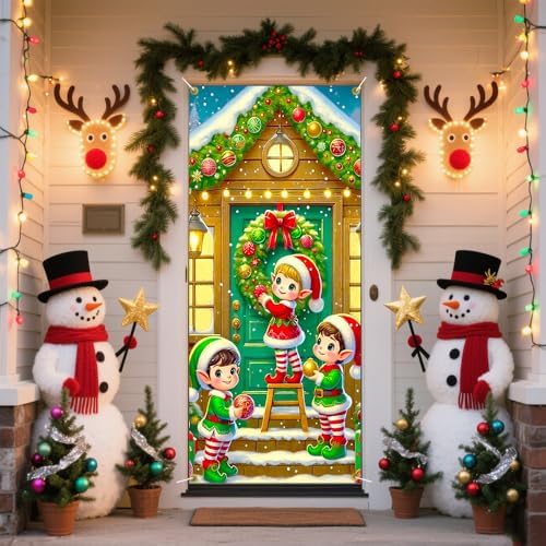 Elf Trio A-Frame Cabin Snowy Christmas Door Cover 35x71in