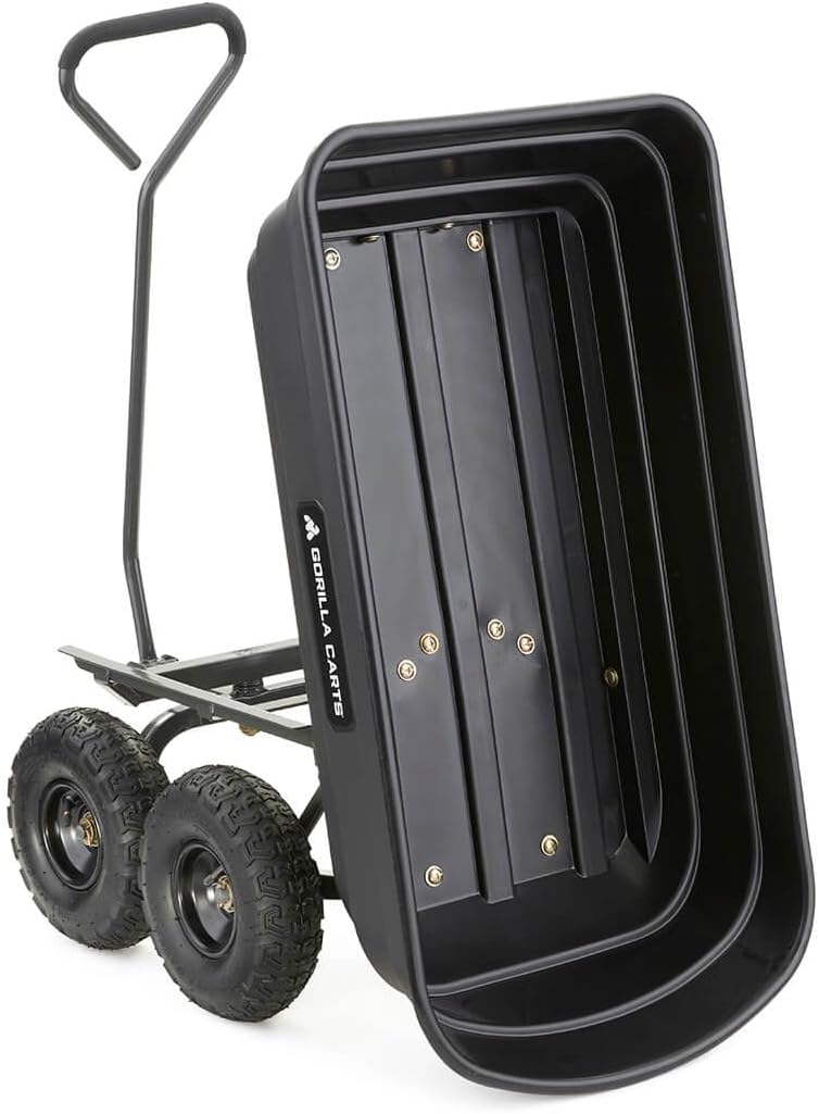 Gorilla Carts Heavy-Duty Poly Garden Dump Cart, 4 Cu Ft, 600 lb Capacity | Pneumatic Tires, Patented quick-release