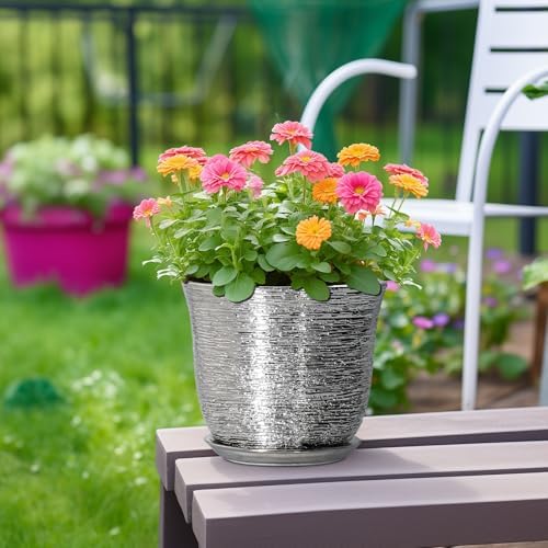 Ceramic Pots for Plants, 8 Inch Plant Pot with Drainage, Silver