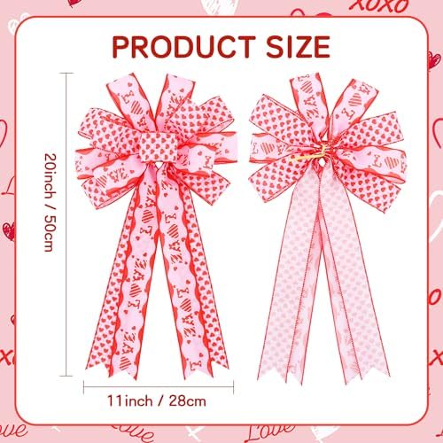 TONIFUL Valentine Tree Topper Bow with Pink Love Heart Valentines Burlap Wreath Bow for Front Door Home Decor Wedding Anniversary Proposal Party Decor(11" x 20"