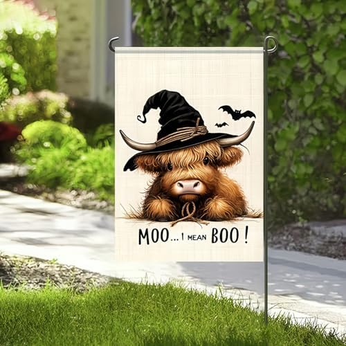 BlissYard Halloween Garden Flag Witch Highland Cow 12 x 18 Inch