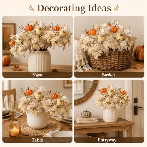 6 Pcs Fall Pumpkin Floral Picks, Artificial Maple Leaf Berry Stems, Thanksgiving Wreath Centerpiece Vase DIY Decorations