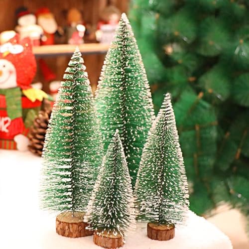 Desktop Miniature Christmas Trees Mini Pine Tree 4pcs with Snow and Wood Base for Xmas Holiday Party Home Tabletop Decor (4pcs)