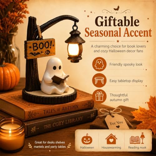 Ghost Reading Book Lamp, Halloween Cute Ghost Figurine Lantern Decor