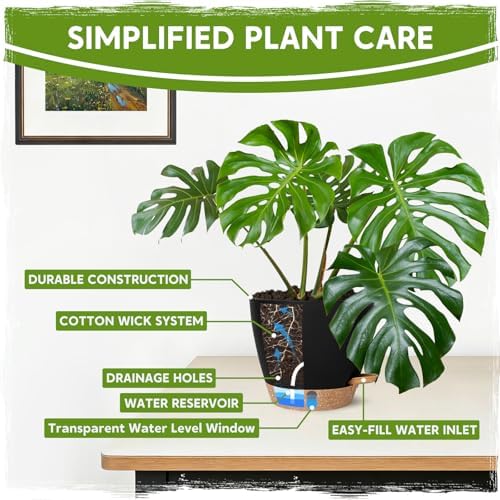 Self Watering Pots for Indoor Plants (5/5.5/6/6.5/8 Inch), Terra Cotta Planters with Water Level Indicator & Drainage,Wicking Pots for Monstera, Herbs & Snake Plant (Black, 5/5.5/6/6.5/8 Inch)