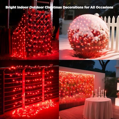 Led Net Lights Christmas Lights Outdoor 200Leds 9ft x 6ft Upgraded Red Christmas Net Lighting, Waterproof 5mm LED Wide Angle Outdoor Indoor Mesh Net Light for Trees, Bushes, Shrubs Decorations