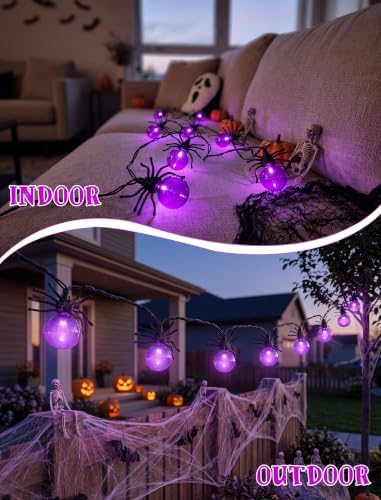 8.5FT Halloween LED Spider String Lights Plug-In 10 Purple Spiders Decor