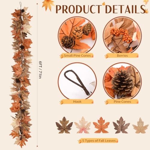 2 Pack 6 Ft Fall Garland with Lights & Timer, Thanksgiving Mantel Decor