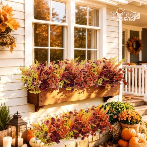 Der Rose 24Pcs Artificial Fall Flowers for Outdoors, Fake Mums and Ferns