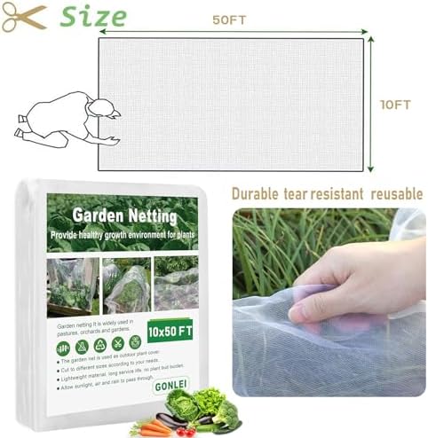 GonLei Garden Netting 10 X 50 FT Ultra Fine Netting for Garden Protection,Garden Netting for Raised Beds,Mosquito Net for Blueberry Shrubs Vegetables Fruits Flowers Crops Pest Barrier