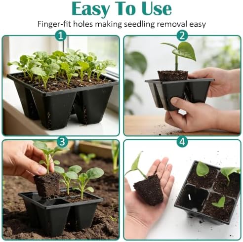RooTrimmer 80 Pack Reusable 4-Cell Seed Starter Tray for Seedlings, Easy Watering Seed Starting Trays with Drainage Holes for Seed Germination and Plant Start, Fits Standard 1020 Trays, Black