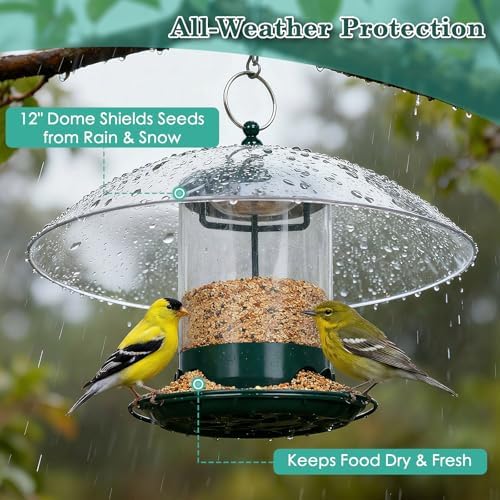 Gbekery Metal Bird Feeder for Outdoor Hanging with 12” Weatherproof Dome, Weather Resistant Wild Bird Feeder with 360 Degree Feeding Tray, Green