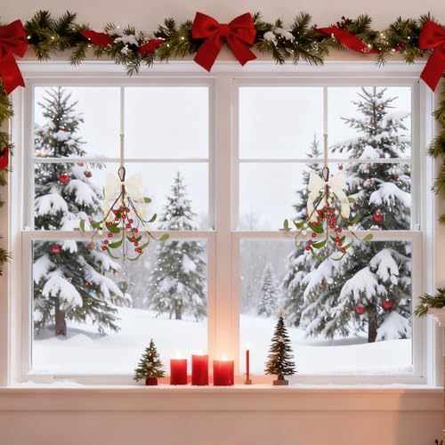 2 Pcs Artificial Mistletoe Pick Christmas Decoration, Mistletoe Decoration with Berries and White Ribbon Bow Faux Hanging Kissing Ball for Holiday Winter Christmas Tree Ornament Decor (2, White & Red)