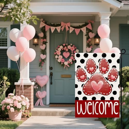 Valentines Garden Flag 12x18 In, Paw Print Heart Double Sided Flag
