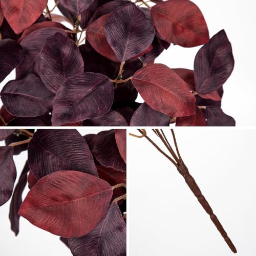 Briful 3 PCS Fall Leaves Artificial Magnolia Leaf Bush, 15" Burgundy Autumn Fake Greenery Picks for Vase Floral Arrangement Kitchen Table Home Fall Decoration