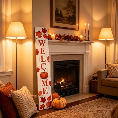 Fall Welcome Porch Sig 47" Tall Vertical Wooden Sign with Pumpkin Maple Leaves Farmhouse Rustic Autumn Thanksgiving Harvest Decoration Standing Hanging for Front Porch Indoor Outdoor