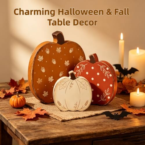 Fall Decorations Set of 3 Wooden Pumpkins - Farmhouse Rustic Autumn Harvest Thanksgiving Tiered Tray Decor for Table Mantel Shelf Indoor Home Decor